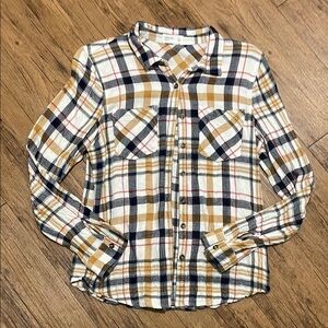Mustard, navy, red and white flannel plaid shirt